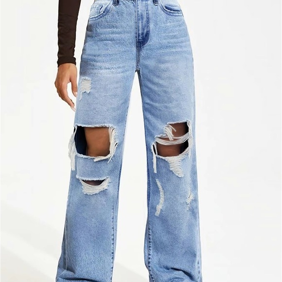 Wide Leg Distressed Ripped High Waist Denim Jeans - Picture 9 of 10